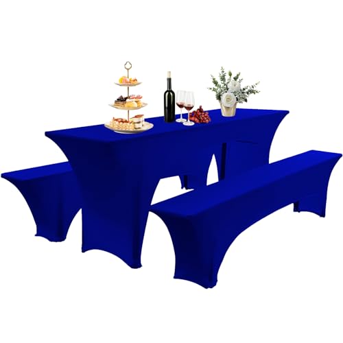 AIMENJOY Elastisch Biertischhussen Bierbank-Auflage & Tischdecke Für 50 cm or 70 cm Table Width 3 TLG-Set Breite Bierzeltgarnitur Stretch Hussen Für Festzeltgarnituren Bierbank Hussen (Blau -2,50 cm) von AIMENJOY