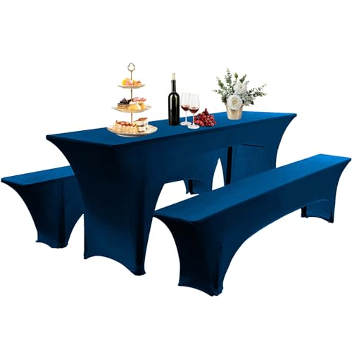 Elastisch Biertischhussen Bierbank-Auflage & Tischdecke Für 50 cm or 70 cm Table Width 3 TLG-Set Breite Bierzeltgarnitur Stretch Hussen Für Festzeltgarnituren Bierbank Hussen (Blau -3,50 cm) von AIMENJOY