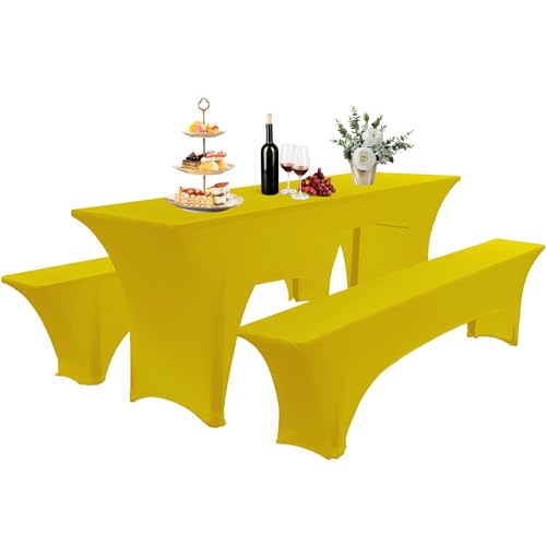 AIMENJOY Elastisch Biertischhussen Bierbank-Auflage & Tischdecke Für 50 cm or 70 cm Table Width 3 TLG-Set Breite Bierzeltgarnitur Stretch Hussen Für Festzeltgarnituren Bierbank Hussen (Gelb,50 cm) von AIMENJOY