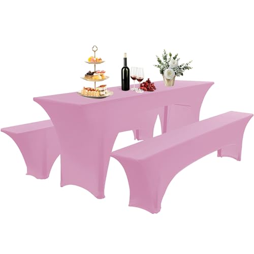 AIMENJOY Elastisch Biertischhussen Bierbank-Auflage & Tischdecke Für 50 cm or 70 cm Table Width 3 TLG-Set Breite Bierzeltgarnitur Stretch Hussen Für Festzeltgarnituren Bierbank Hussen (Rosa -1,50 cm) von AIMENJOY