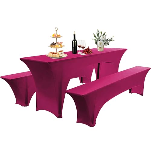 Elastisch Biertischhussen Bierbank-Auflage & Tischdecke Für 50 cm or 70 cm Table Width 3 TLG-Set Breite Bierzeltgarnitur Stretch Hussen Für Festzeltgarnituren Bierbank Hussen (Rosa -2,70 cm) von AIMENJOY