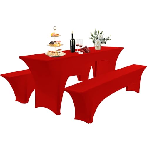 AIMENJOY Elastisch Biertischhussen Bierbank-Auflage & Tischdecke Für 50 cm or 70 cm Table Width 3 TLG-Set Breite Bierzeltgarnitur Stretch Hussen Für Festzeltgarnituren Bierbank Hussen (Rot -1,50 cm) von AIMENJOY