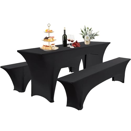 Elastisch Biertischhussen Bierbank-Auflage & Tischdecke Für 50 cm or 70 cm Table Width 3 TLG-Set Breite Bierzeltgarnitur Stretch Hussen Für Festzeltgarnituren Bierbank Hussen (Schwarz,50 cm) von AIMENJOY