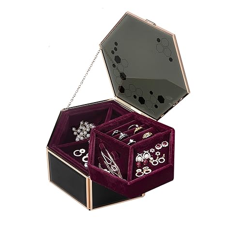 AIMIAO Schmuckschatulle aus Glas, Schmuckbox Damen mit Doppellagige Samtbox, Schmuck Aufbewahrungsbox, Schmuckkästchen, Sechseckiger Ringkasten, Schmuckkoffer Damen, Schwarz von AIMIAO