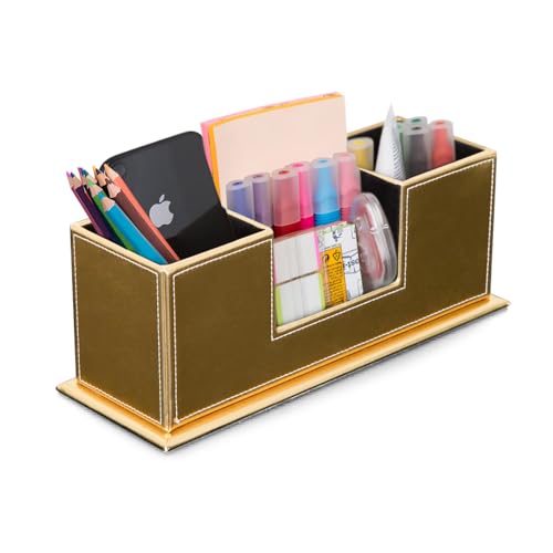 AINAK Schreibtischorganizer aus PU Leder (4 Fächer) – Stiftehalter, Schreibtischorganisator für Bürobedarf, Post-its, Notizzettel, Visitenkarten und mehr (Gold) von AINAK