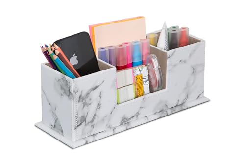 AINAK Schreibtischorganizer aus PU Leder (4 Fächer) – Stiftehalter, Schreibtischorganisator für Bürobedarf, Post-its, Notizzettel, Visitenkarten und mehr (Grau) (Weiss) von AINAK