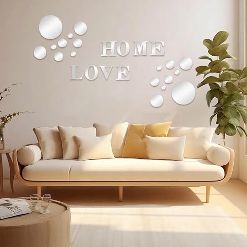 AINIUNIU 26 Stück 3D Spiegel Wandaufkleber, Runden Spiegel Wandaufkleber, Love Home Selbstklebend Acryl Wandsticker, DIY Deko Wandtattoo für Schlafzimmer, Hintergrund Wandkunst, Kinderzimmer Deko von AINIUNIU