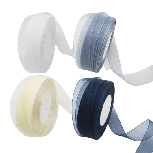 AINIUNIU 4 Rollen Organzaband 45m x 25mm, Geschenkband Transparentes Schleifenband und Dekoband für Halloween Geschenkverpackung und Hochzeitsdekoration (Weiß, Cremefarben, Silber grau, Navy blau) von AINIUNIU