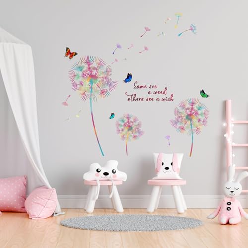 AINIUNIU Wandtattoo Pusteblume, Wandsticker für Kinderzimmer Mädchen, Bunt Wandsticker Löwenzahn für Schlafzimmer, Schmetterling Blumen Pflanzen Wandaufkleber für Babyzimmer Wohnzimmer Wandeko von AINIUNIU