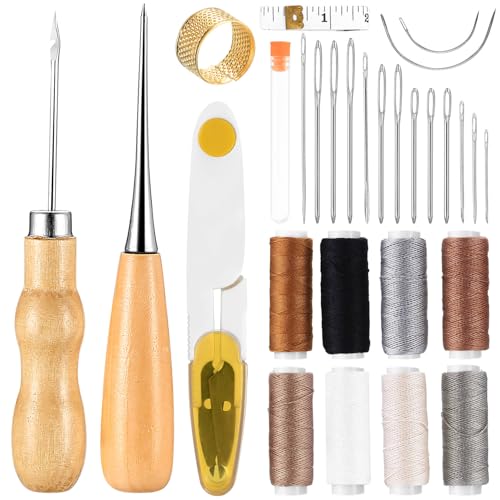 30 x Leder Nähset Lederwerkzeug Set, Leder Nähahle Werkzeug mit Wachsfaden Sattlergarn Ledergarn Gewachst, Leder Näh Werkzeuge Set für DIY Handwerk Reparaturen Buchbinder Set mit Fingerhut Ahle usw von AIOUHMYM