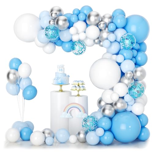 Hellblau Luftballon Girlande Sipeayan Blau Weiß Silber Ballon Girlande Kit 129 Stück Helium Mettalic Konfetti Latex Luftballons für Kinder Junge Geburtstag Hochzeit Babyparty Taufe Party Dekoration von Sipeayan