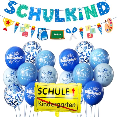 SCHULKIND Deko Einschulung Junge, Einschulung Schuleinführung Schulanfang Deko Set, Girlande Schulanfang + Zuckertüten Banner + 16 Luftballon mit ABC 123 Schultüte Motiv Konfetti Folienballon von AIOZX