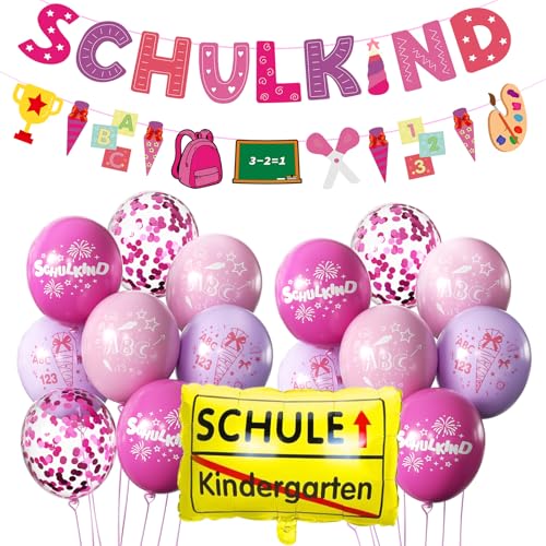 SCHULKIND Deko Einschulung Mädchen, Einschulung Schuleinführung Schulanfang Deko Set, Girlande Schulanfang + Zuckertüten Banner + 16 Rosa Luftballon mit ABC 123 Schultüte Motiv Konfetti Folienballon von AIOZX