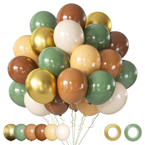 Luftballons Grün Braun Set, 60 Stück 30cm Grün Beige Luftballons mit Metallic Gold Partyballons, Retro Grün Braun Gold Cream Aprikose Latex Ballon für Dschungel Safari Geburtstag Babyparty Deko von AIOZX