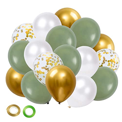 Salbeigrün Gold Ballons Set – 50 Stück 30,5 cm salbeigrün weiße Latexballons Retro Grün Ballon mit Bändern Kit für Abschlussfeier Geburtstag Babyparty Hochzeit Party Dekorationen von AIOZX
