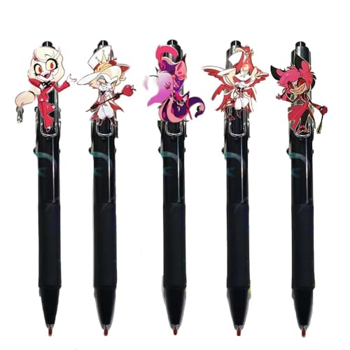 AIPILEI Gelschreiber Anime Hazbin Hotel mit schwarzer Tinte, 0,5 mm, Kugelschreiber, Druck-Aktion, Unisex-Stift, Schulbedarf, Fans, Geschenk (schwarz), 5 Stück von AIPILEI