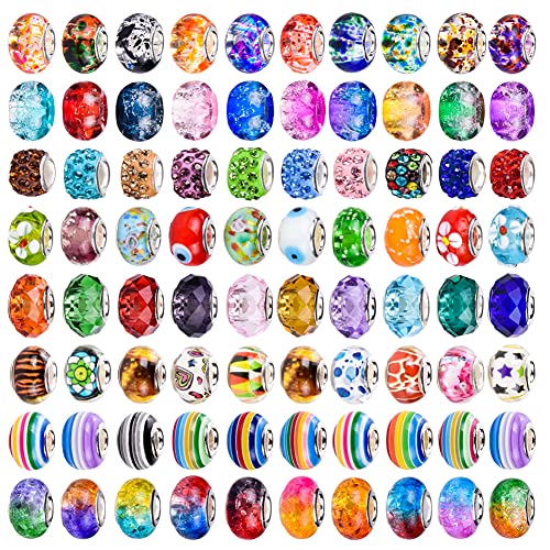 120 Stück sortierte europäische Bastelperlen großes Loch Lampwork Spacer Perlen bunte europäische Perlen für DIY Halskette Armband Schmuckherstellung (abstrakte Blume) von AIPRIDY