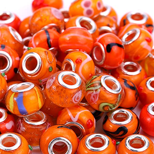 AIPRIDY 50 Stück 15 x 11 mm Murano-Glasperlen mit großem Loch mit silbernen Messingkernen, europäische Perlen für die Schmuckherstellung (orange) von AIPRIDY