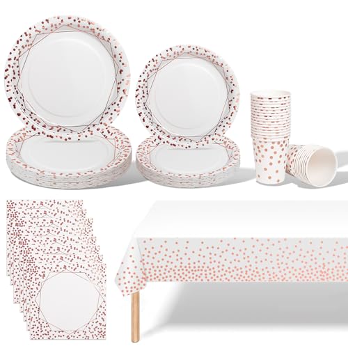 141Stück Weiß Rosegold Partygeschirr,Partyzubehör Pappteller Set,Wiederverwendbar ​Papier Geschirr Set einschließlich Tischdecke Teller Becher Servietten zum Geburtstag,Hochzeiten,Jubiläums(20 Gäste) von AIPartywar