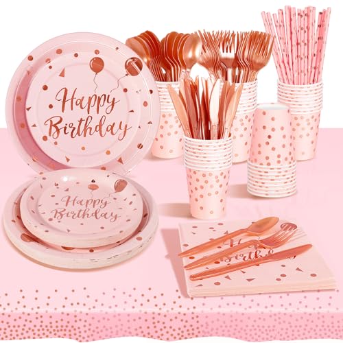 AIPartywar 193 Stück Partygeschirr Kindergeburtstag,24 Gäste Roségold auf Rosa Partygeschirr Party Set mit Becher Servietten Tischdecke Pappteller Geburtstag Mädchen für Party Geburtstag von AIPartywar