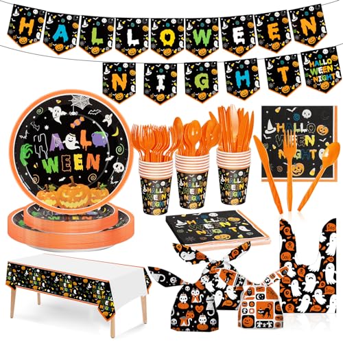 AIPartywar Halloween Geschirr 130 Stück Set, Halloween Partygeschirr, Pappteller Pappbecher Papierhandtücher Hängende Fahnen, Kinder Halloween Tischdekoration, Thriller Party, Garten-16 Gäste von AIPartywar