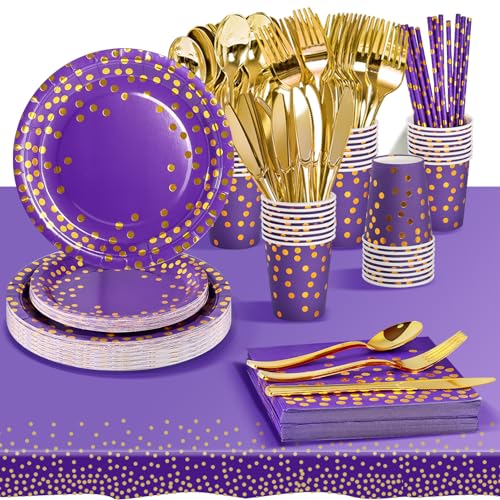 AIPartywar Partygeschirr Kindergeburtstag 226 Stück Violettgold Pappteller Mädchen Party Geschirr Set Geburtstagdeko mit Pappbecher, Pappteller, Tischdecke und Servietten und Strohhalme 25 Gäste von AIPartywar