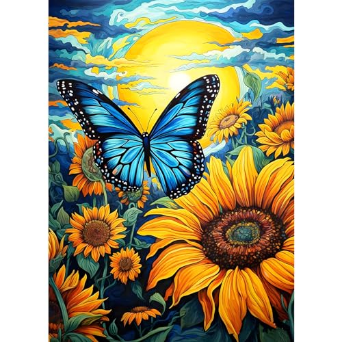 AIRDEA 30x40cm Diamond Painting Erwachsene, Blaue Schmetterlings-Sonnenblumen 5D Diamond Painting Bilder Erwachsene, DIY Diamantmalerei Bastel Set Nach Zahlen Heimdekor Geschenk von AIRDEA