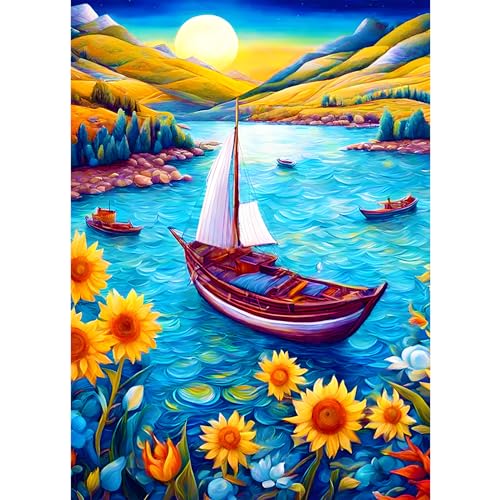 AIRDEA 30x40cm Diamond Painting Erwachsene, Sonnenblumen-Bootslandschaft 5D Diamond Painting Bilder Erwachsene, DIY Diamantmalerei Bastel Set Nach Zahlen Heimdekor Geschenk von AIRDEA