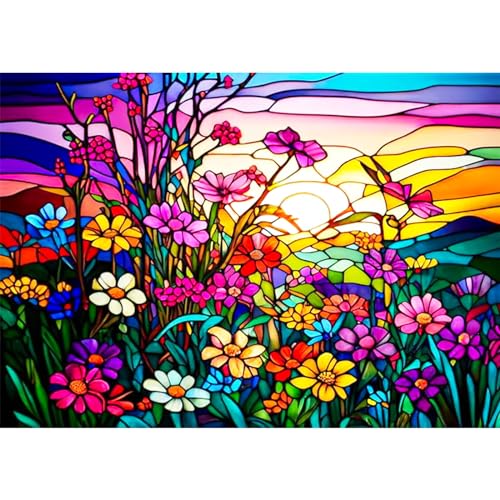 AIRDEA 5D Blumen Buntglas DIY Diamond Art Painting Kit Vollbohrer, Diamant Malerei Kristall Stickerei Kreuzstich, Bilder Gemälde nach Zahlen für Erwachsene Home Wanddekoration 40x30cm von AIRDEA