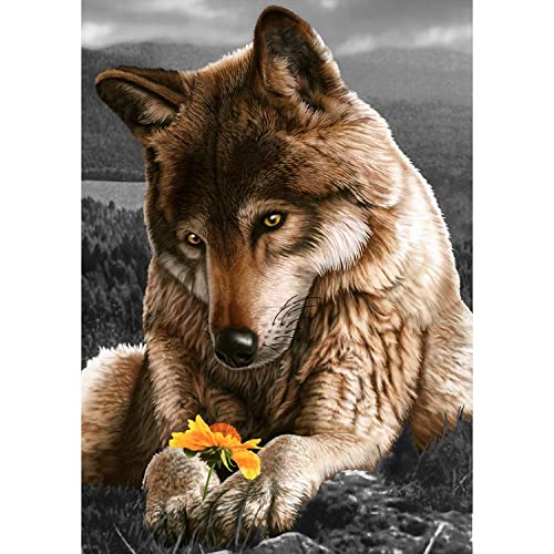 AIRDEA 5D Wolf Diamond Painting Bilder Anfänger,DIY Runder Vollbohrer Wolf Diamant Painting Set für Erwachsene Kinder,malen nach Zahlen Tier Diamant Painting Blume Bilder für Heim Dekor 30x40cm von AIRDEA