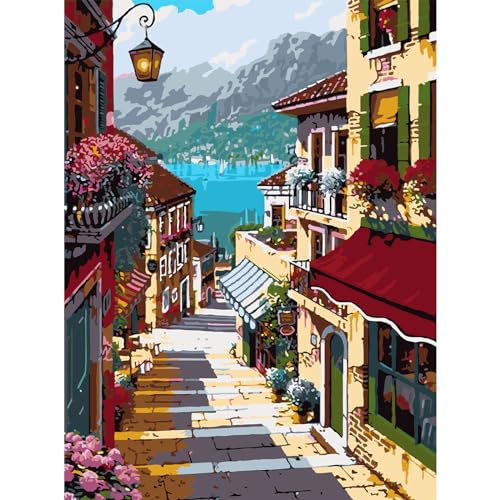 AIRDEA Bellagio Village Street Malen Nach Zahlen Erwachsene, DIY Malen Nach Zahlen, Handgemalt Ölgemälde Kit für Anfänger Erwachsene Mit 3-Pinseln und Acrylfarbe, Inneneinrichtung 30X40CM von AIRDEA