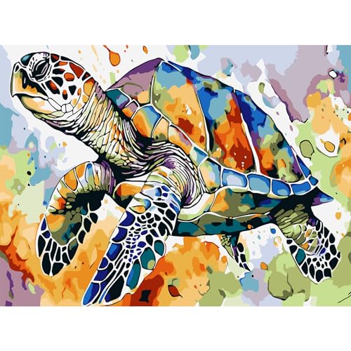 AIRDEA Bunte Schildkröte Malen Nach Zahlen Erwachsene, DIY Malen Nach Zahlen, Handgemalt Ölgemälde Kit für Anfänger Erwachsene Mit 3-Pinseln und Acrylfarbe, Inneneinrichtung 40X30CM von AIRDEA