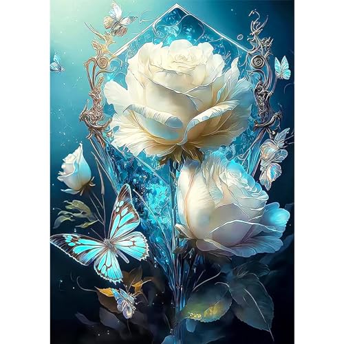 AIRDEA DIY 5D Weiße Rosen Schmetterling Diamant Malerei, Full Round Drill Diamond Painting Set, Full Runden Steine Diamanten Stickerei Strass Erwachsene Malen nach Zahlen Perlen Bilder 30x40cm von AIRDEA