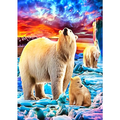 AIRDEA Eisbärenfamilie Diamond Painting Erwachsene, 5D Nordlichter Diamant Bilder, DIY Diamond Painting Set mit Zubehör für Home Wand Décor 30x40cm von AIRDEA