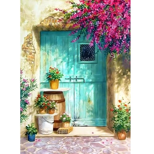 AIRDEA Grüne Tür rote Blumen Landschaft Diamant Painting Bilder Kits, 5D Diamond Painting nach Zahlen Erwachsene, Full Diamant Bilder Stickerei Arts Craft Set für Wand Room Home Décor 30x40cm von AIRDEA