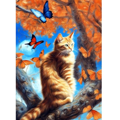 AIRDEA Katzen Schmetterlinge Diamant Painting Bilder Kits, 5D Diamond Painting nach Zahlen Erwachsene, Full Diamant Bilder Stickerei Arts Craft Set für Wand Room Home Décor 30x40cm von AIRDEA