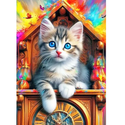 AIRDEA Katzenuhr bunt Diamant Painting Bilder Kits, 5D Diamond Painting nach Zahlen Erwachsene, Full Diamant Bilder Stickerei Arts Craft Set für Wand Room Home Décor 30x40cm von AIRDEA