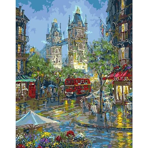 AIRDEA Londoner City Straßenszene Malen Nach Zahlen Erwachsene, DIY Malen Nach Zahlen, Handgemalt Ölgemälde Kit für Anfänger Erwachsene Mit 3-Pinseln und Acrylfarbe, Inneneinrichtung 40X50CM von AIRDEA