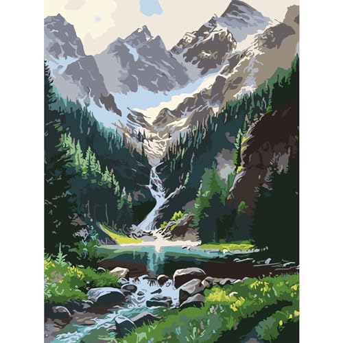 AIRDEA Rocky Mountain Wasserfall Malen Nach Zahlen Erwachsene, DIY Malen Nach Zahlen, Handgemalt Ölgemälde Kit für Anfänger Erwachsene Mit 3-Pinseln und Acrylfarbe, Inneneinrichtung 40X50CM von AIRDEA