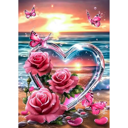 AIRDEA Rosa Rosen Herz Diamond Painting Erwachsene Bilder Set 30x40 cm von AIRDEA