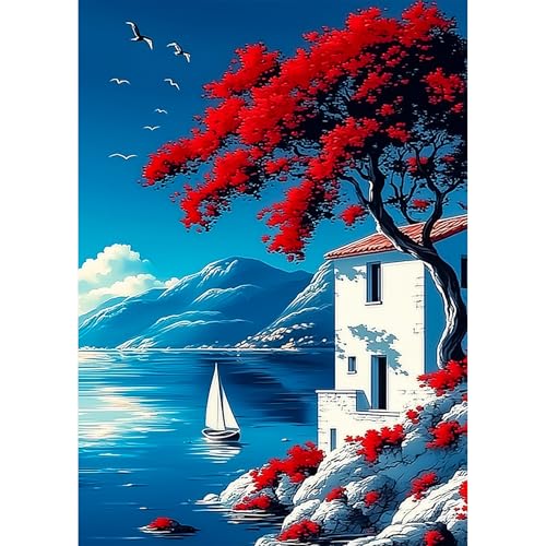 AIRDEA Rote Baum Meereslandschaft Diamond Painting Erwachsene Bilder Set 30x40 cm von AIRDEA