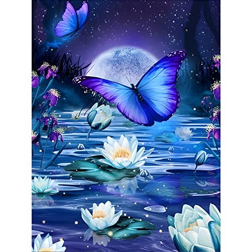 AIRDEA Schmetterling Diamond Painting Set für Erwachsene, 5D Mondschein Diamant Malerei Kits,Malen nach Zahlen,Lotos Blume Diamant Painting Bilder Round Full Kits Complete Diamant Kunst Kits 30x40cm von AIRDEA