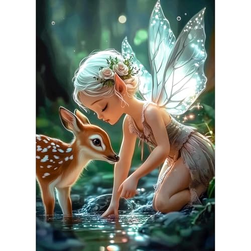 AIRDEA Fee Diamond Painting Erwachsene, DIY 5D Waldhirsch Diamant Painting Bilder, Bastelset Erwachsene Frauen als Haus Wanddeko 30x40 cm von AIRDEA