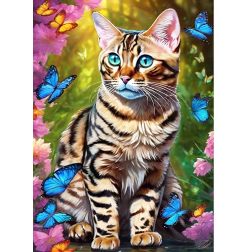 AIRDEA Schwarz Gestreifter Katze Schmetterling Diamant Painting Bilder Kits, 5D Diamond Painting nach Zahlen Erwachsene, Full Diamant Bilder Stickerei Arts Craft Set für Wand Room Home Décor 30x40cm von AIRDEA