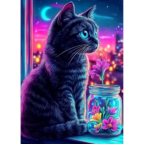 AIRDEA Katze Diamond Painting Erwachsene, DIY 5D Nachtlandschaft Diamant Painting Bilder, Bastelset Erwachsene Frauen als Haus Wanddeko 30x40 cm von AIRDEA