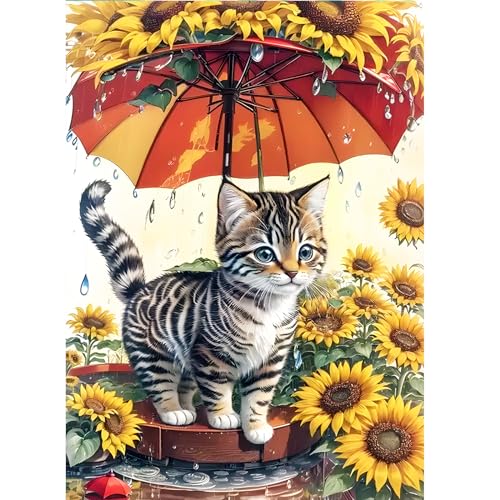 AIRDEA Sonnenblumenkatze katzenartig Diamant Painting Bilder Kits, 5D Diamond Painting nach Zahlen Erwachsene, Full Diamant Bilder Stickerei Arts Craft Set für Wand Room Home Décor 30x40cm von AIRDEA