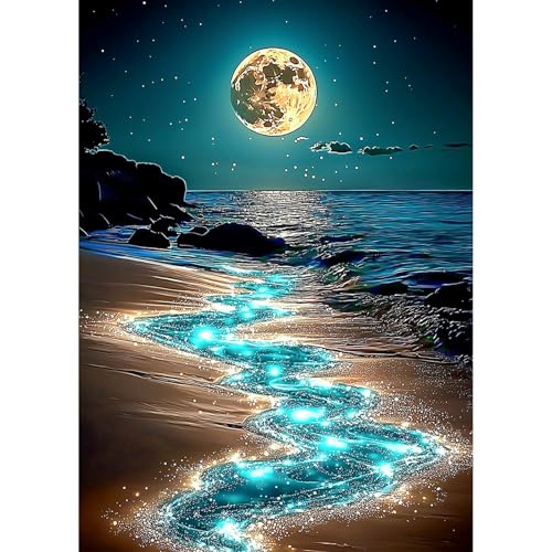 AIRDEA Strand Diamond Painting Erwachsene, DIY 5D Mond Diamant Painting Bilder, Bastelset Erwachsene Frauen als Haus Wanddeko 30x40 cm von AIRDEA