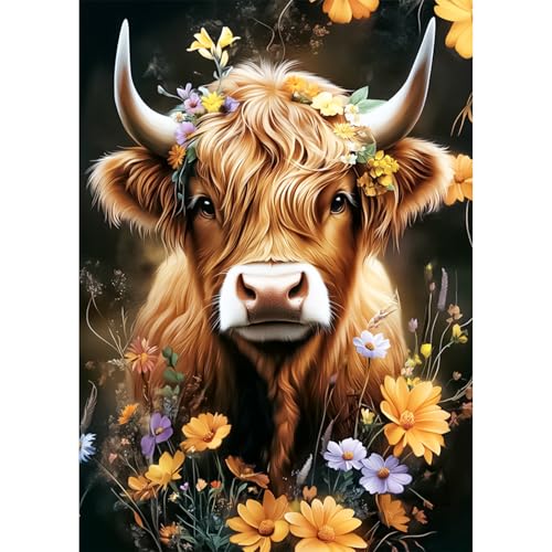 AIRDEA Süße Highland Kuh Wildblumen Diamond Painting Erwachsene Bilder Set 30x40 cm von AIRDEA