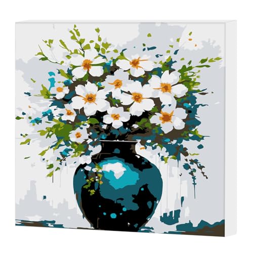 AIRDEA Weiße Blumenvase Malen Nach Zahlen Erwachsene mit Rahmen, DIY Malen Nach Zahlen Mit 3-Pinseln und Acrylfarbe, Handgemalt Ölgemälde Kit für Anfänger Erwachsene, Inneneinrichtung 20X20CM von AIRDEA