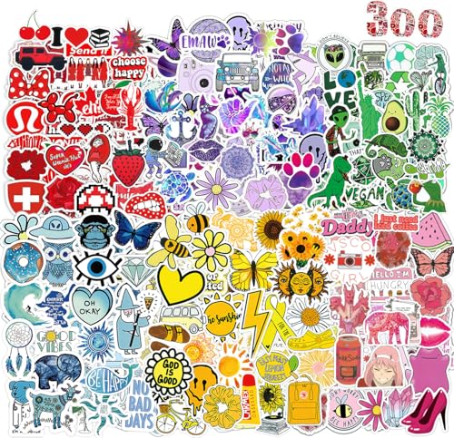 Aufkleber 300 Stück Schöne Bunt Sticker Set,Aesthetic Sticker für Kinder Erwachsene Teenager,Wasserfest Vinyl Stickers für Laptop Handy Skateboard Journal MacBook IPad Bücher Scrapbook Gitarre Pc usw von AIRNOGO